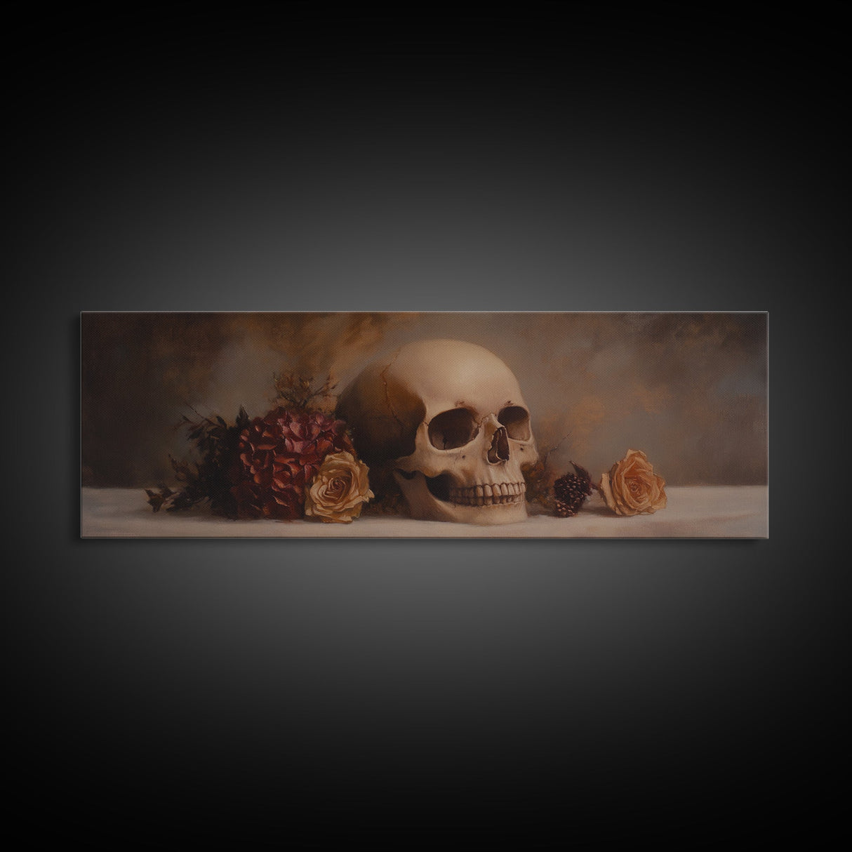 Dark Academia Oil Painting Print Stil Life of a Skull and Flowers, Gothic Home Decor, Goth Art, Witchy Decor, Halloween Art, Moody Decor