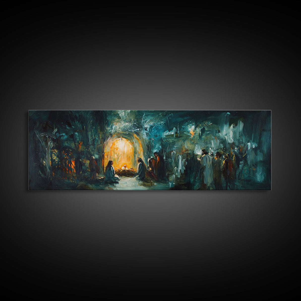 Horizontal Nativity Scene Painting Print, Framed Canvas Print, Nativity Art, Christmas Decor, Traditional Christmas Wall Art