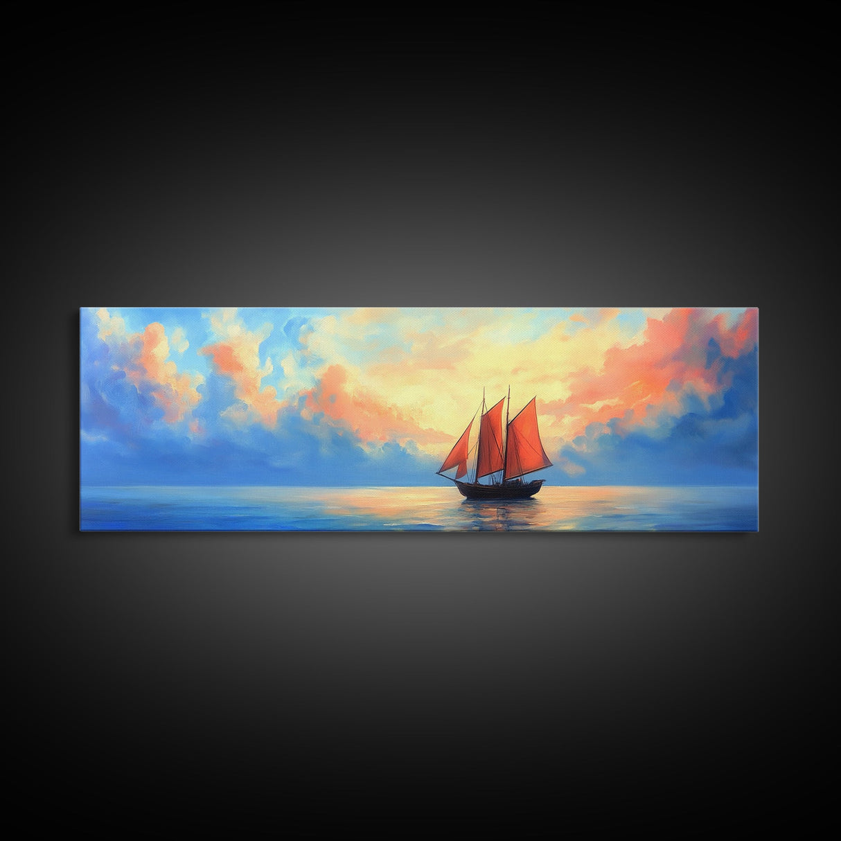 Japanese Sailboat on a Calm Sea, Framed Canvas Print, Panoramic Seascape Landscape Painting, Nautical Home Decor, Ocean Painting