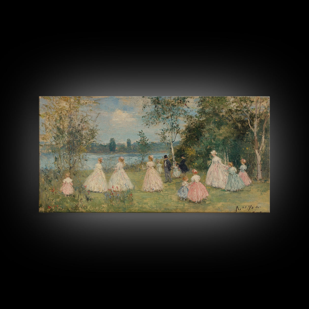 Victorian Spring, Framed Canvas Print, Victorian Style Oil Painting of Ladies On The River
