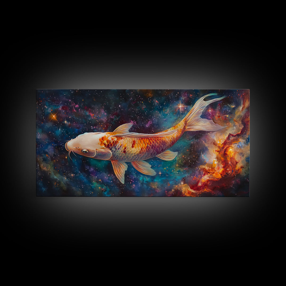 Koi Fish in Space, Framed Canvas Print, Abstract Wabi Sabi Style Painting, Koi Fish Home Decor, Japanese Style Artwork, Boho Decor