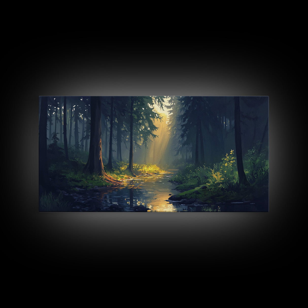 Sun Shines Through The Forest Trees, Framed Canvas Print, Fantasy Landscape Painting, Forest Landscape Oil Painting Print, Living Room Decor