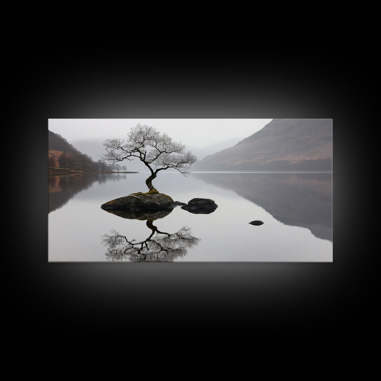 Lone Bonzai Tree On an Island Framed Canvas Print - Ready To Hang Wall Art - Wabi Sabi Landscape Painting - Japanese Style Wall Art