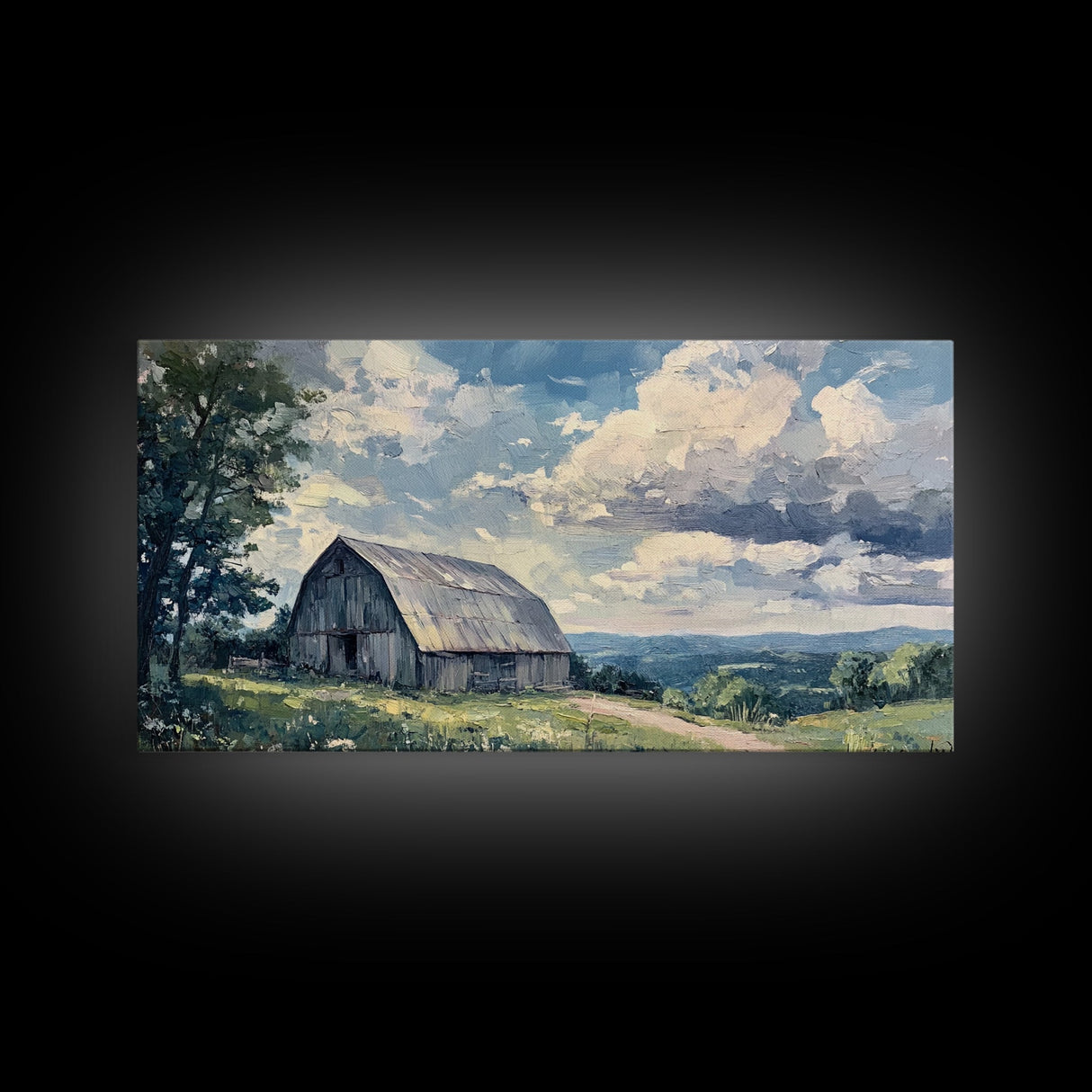 Rustic Old Barn Painting Framed Canvas Print Panoramic Rural Landscape Primitive Art Farmhouse Home Decor Barn Wall Art Ready To Hang