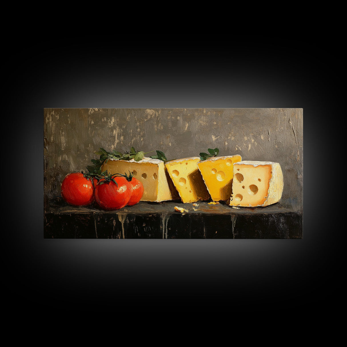 Still Life of Tomatoes and Cheese - Framed Canvas Print - Kitchen Wall Art - Kitsch Home Decor - Food Oil Painting Wall Art