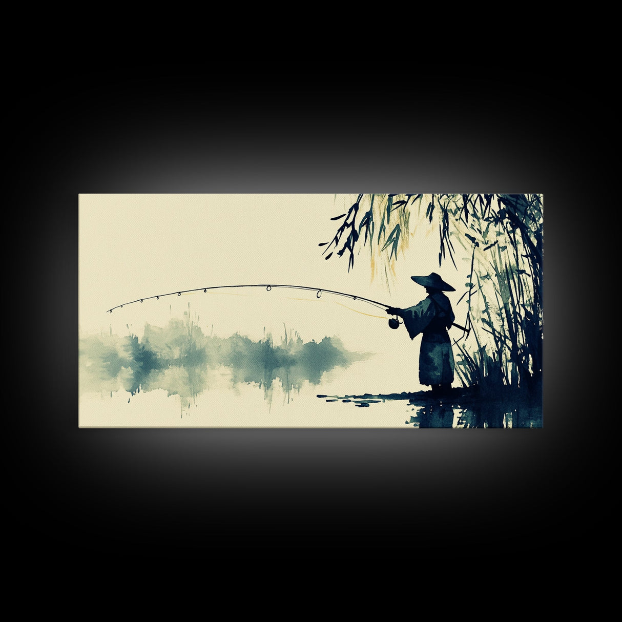 Watercolor Painting Print of a Fisherman - Elegant Japanese Style Artwork - Framed Canvas Print Ready to Hang - Coastal Wall Art - Fishing Gift