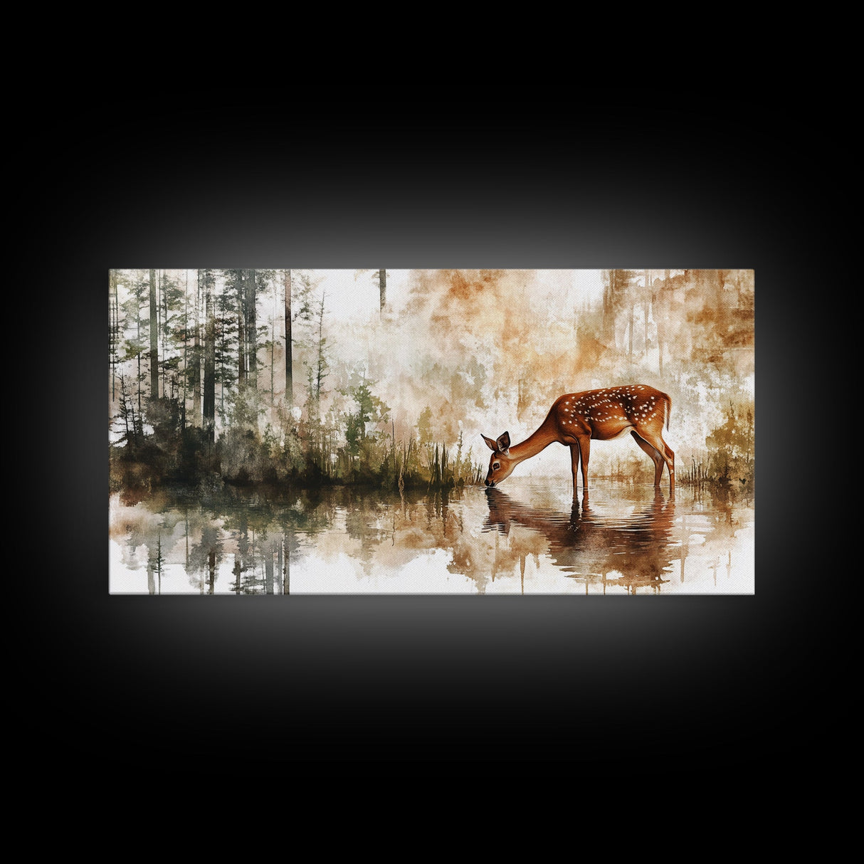 Young Doe Drinking Water In The Forest Framed Canvas Print, Painting of a Deer drinking Water, Gift for Hunter, Outdoorsman Gift, Cabin Art