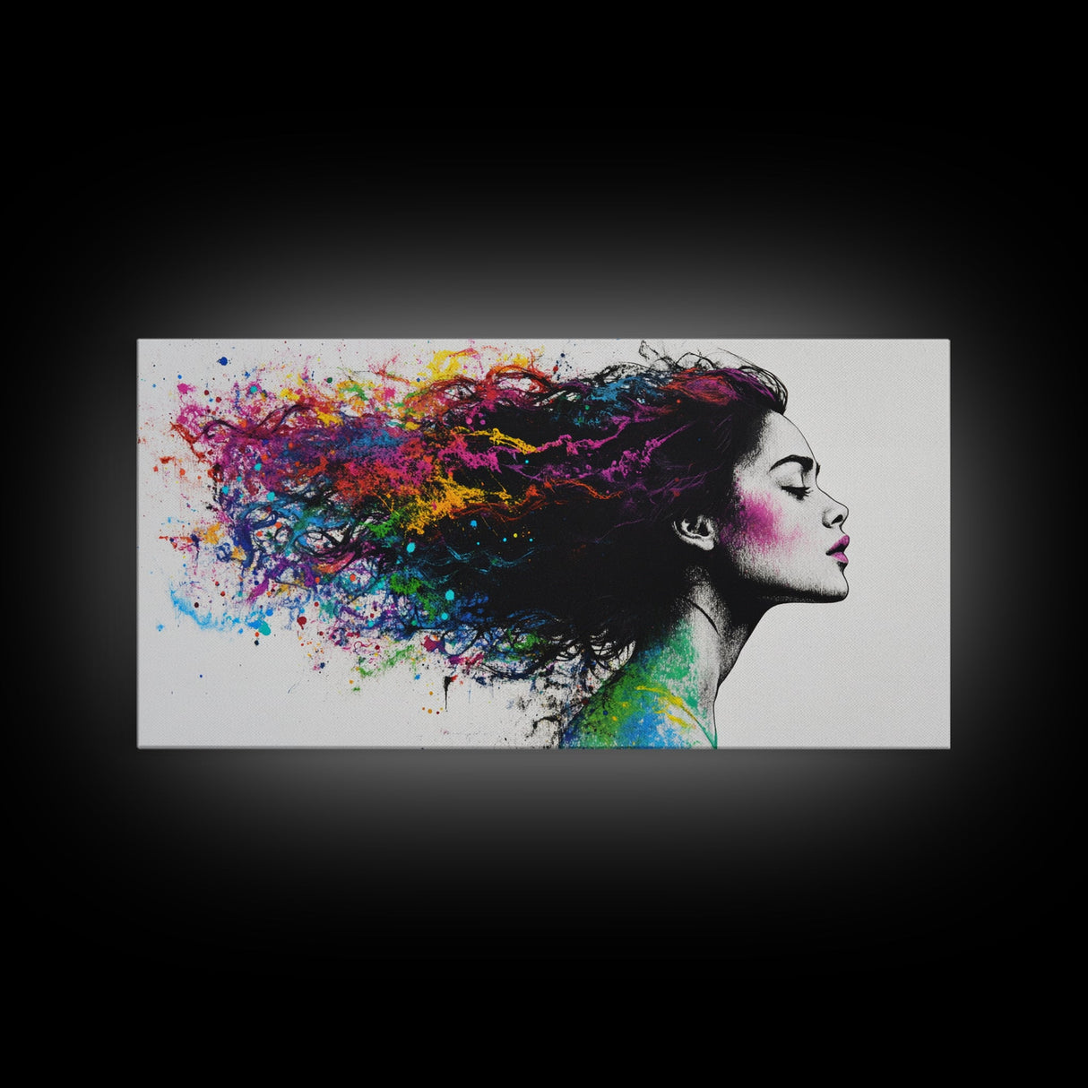 She Has Rainbow Waves in Her Flowing Hair - Portrait of a Woman - Framed Canvas Print - Pop Art - Loft Decor - Statement Piece Art