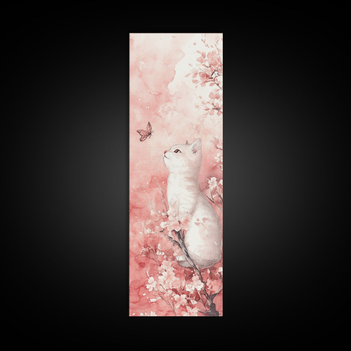 White Cat and Butterfly Canvas Print Light Pink Wall Art Cherry Blossom Painting Whimsical Art Bedroom Decor Gift Idea