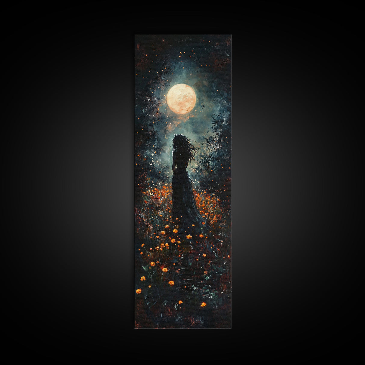 Moonlight silhouette painting mysterious framed canvas print, dark romance art, moonlit field wall decor, spiritual night scene art