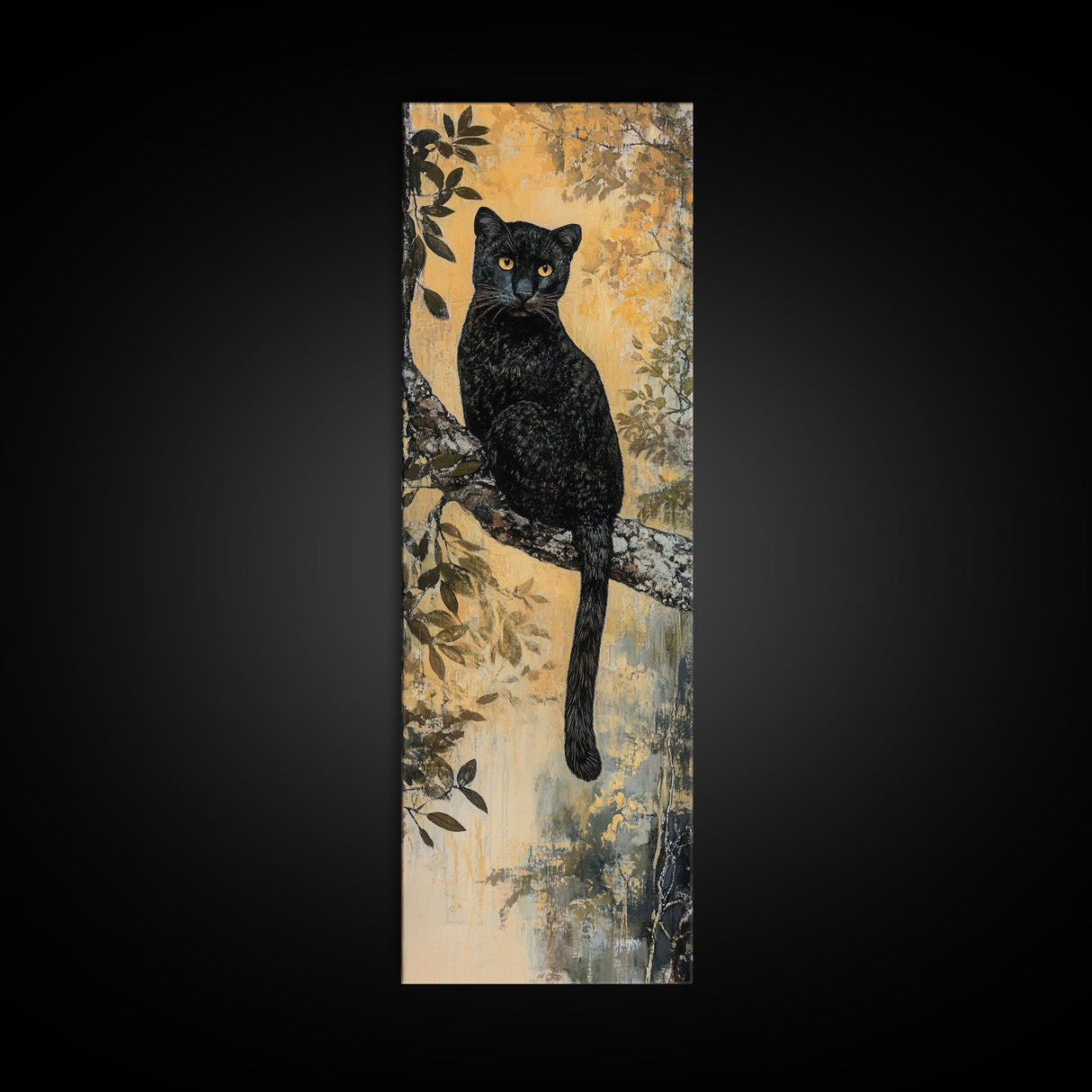 Framed Canvas Print of Black Panther on Tree Branch, Fall Animal Art, Boho Decor, Rustic Nature Art, Tall Skinny Wall Art, Living Room Piece