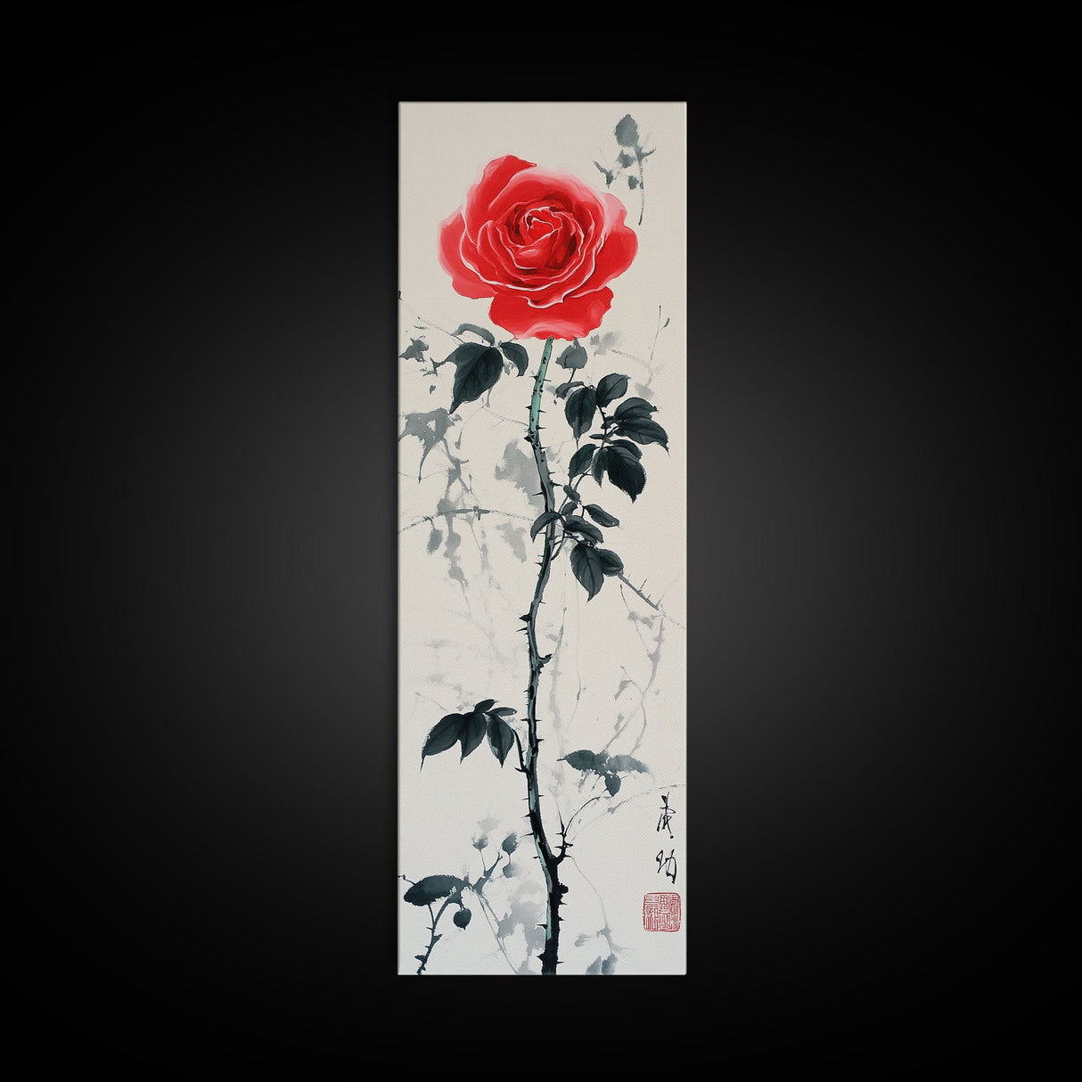 Canvas Print of Asian Style Red Rose, Art Nouveau Print, Botanical Art, Above Sofa Decor, Elegant Home Decor, Floral Wall Art