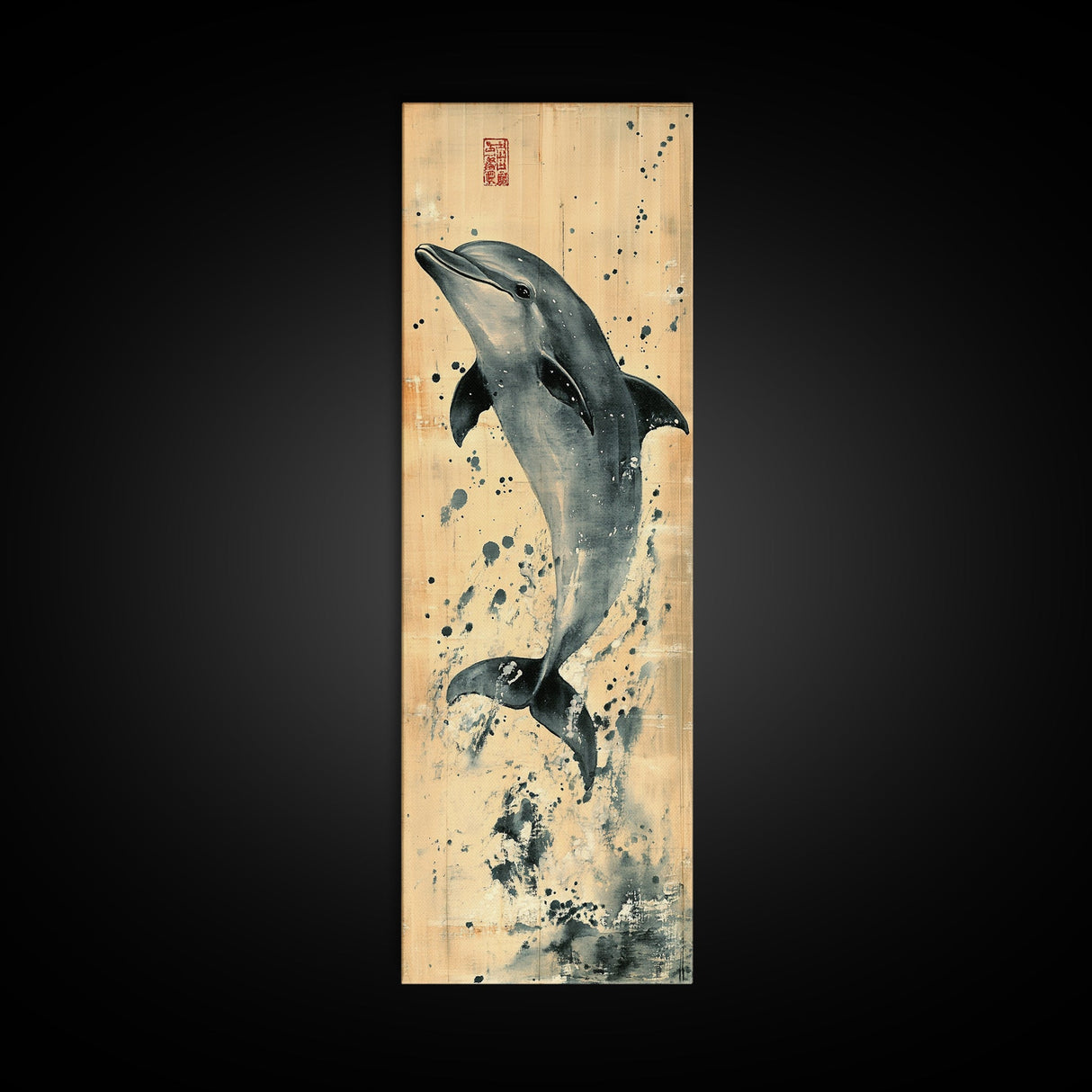Framed Canvas Print Rustic Dolphin Art Coastal Decor in Nautical Theme, Minimalist Coastal Wall Art, Beach Living Room or Guest Room Decor