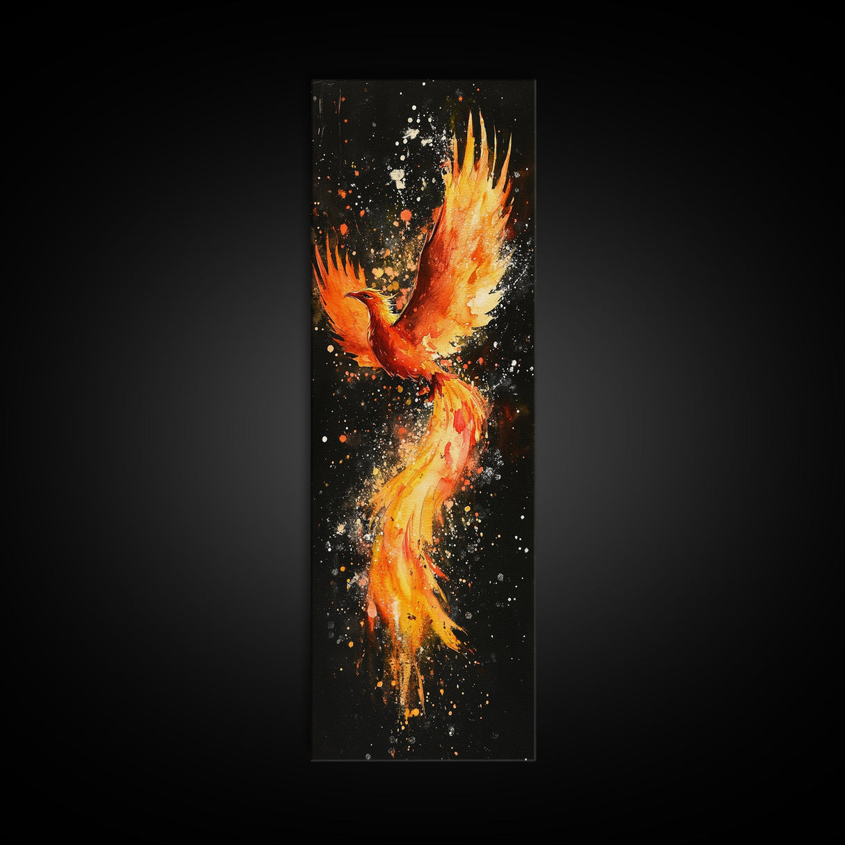 Fiery Phoenix Illustration on Black Canvas, Framed Art Option, Mystical Wall Art for Living Room, Tall Narrow Wall Decor, Mythological Art