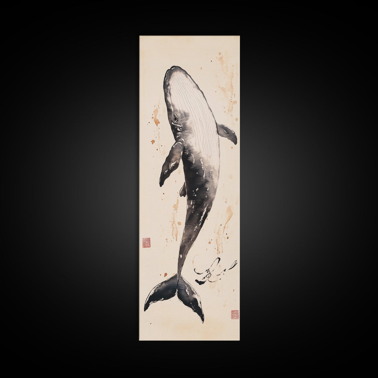 Minimalist Whale Ink Art Depicting Graceful Humpback Whale – Elegant Black and White Framed Canvas Print for Nautical or Coastal Decor
