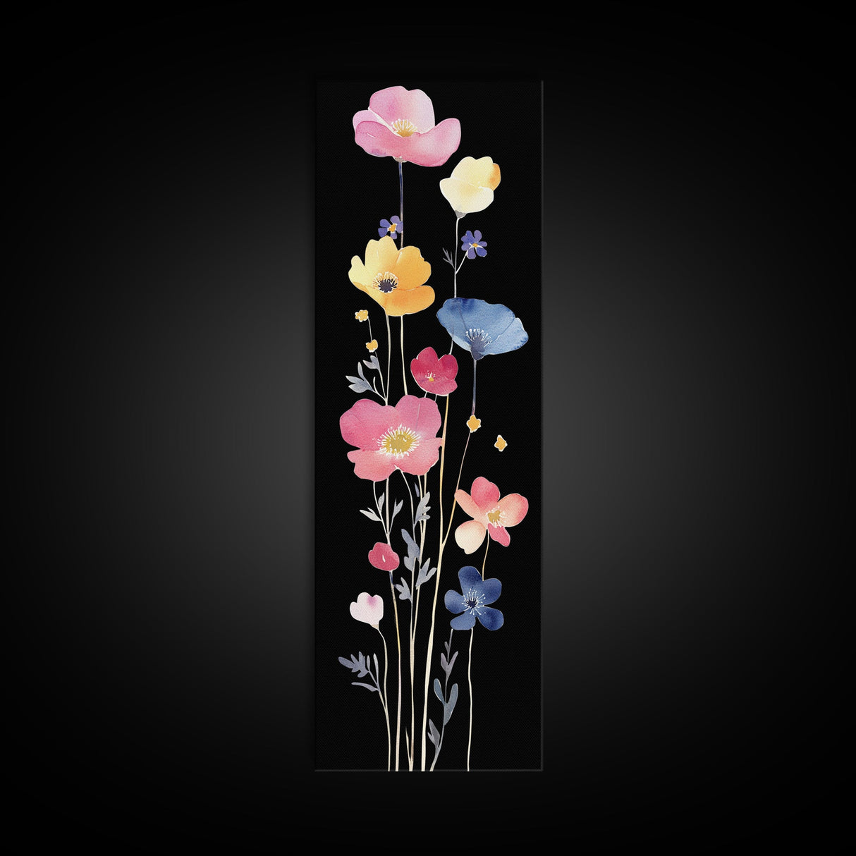 Vibrant Wildflower Watercolor Art - Framed Canvas Print with Black Background Featuring Colorful Poppy and Floral Scene