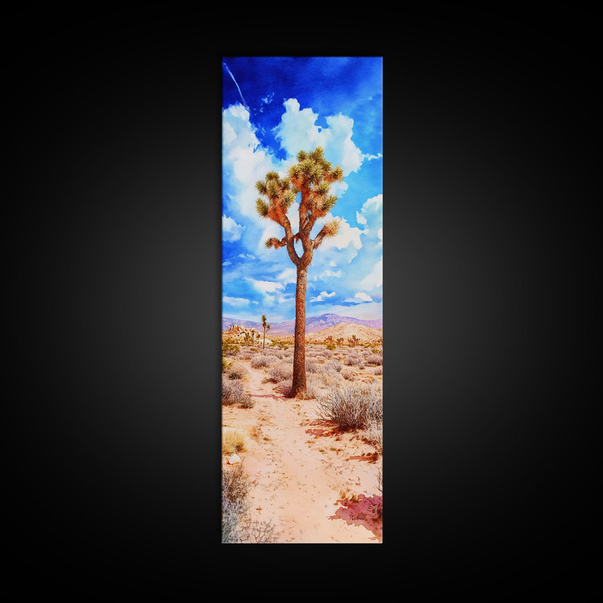 Watercolor Painting Print of Joshua Tree California Framed Canvas Print - Tall Skinny Art - Landscape Painting of Joshua Tree California