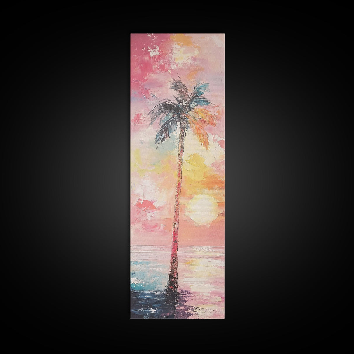 Palm Tree at Sunset Framed Canvas Print, Coastal Oil Painting, Coastal Decor, Tall Narrow Art, Accent Piece Wall Art, Coastal Landscape Art