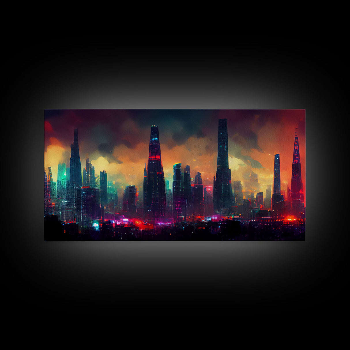 Dystopian Cyberpunk City, ready to hang canvas print wall art, framed canvas wall art, mancave wall art, Cyberpunk Art