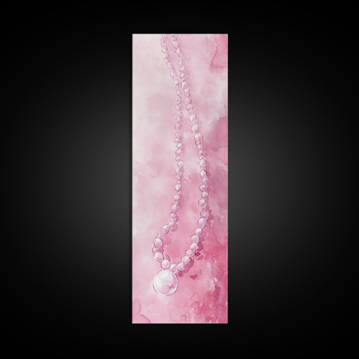 Elegant Pearl Necklace Canvas Print Whimsical Art Long Narrow Wall Art Pink Abstract Art Gift Idea Decorative Jewelry Painting Vertical