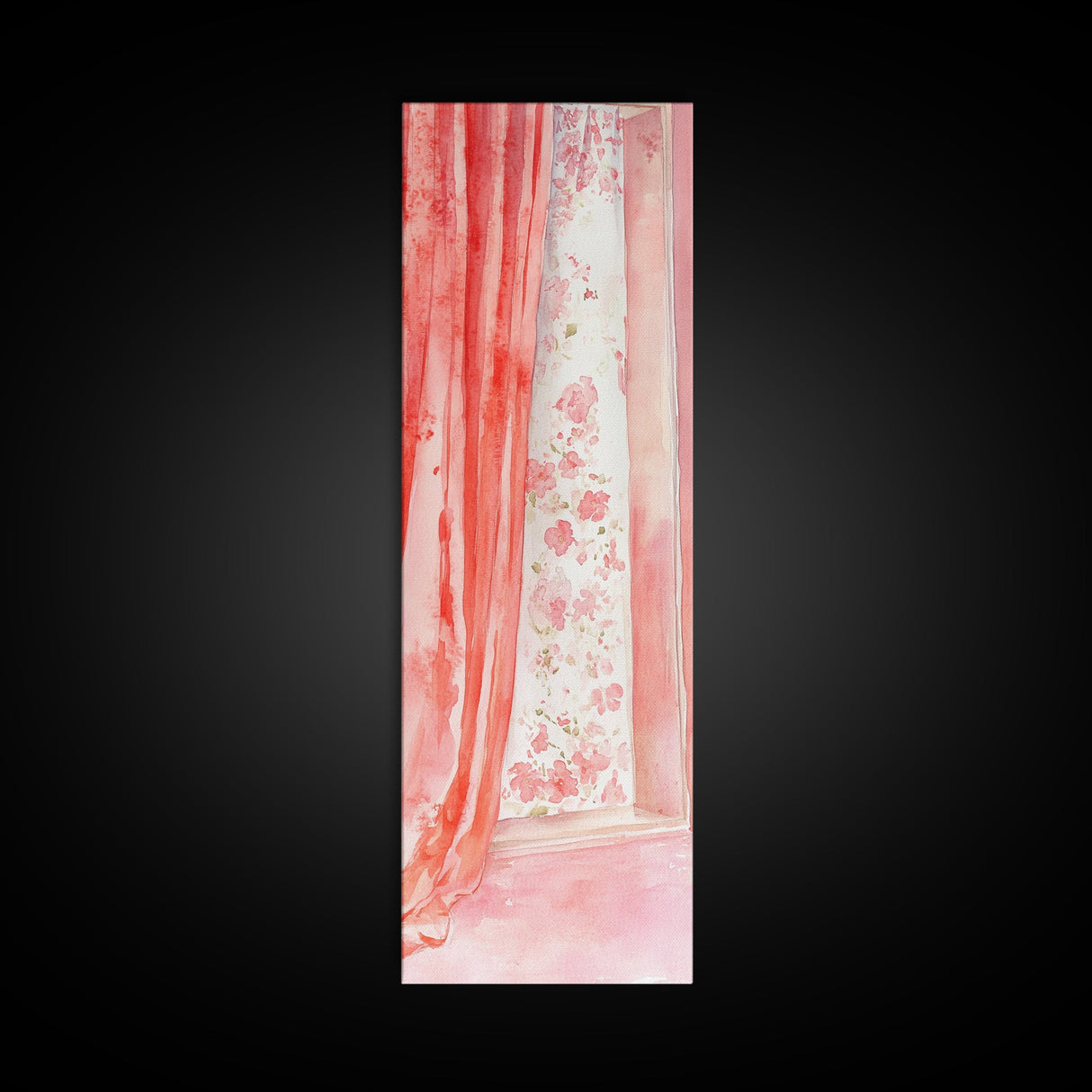Curtain Reflection Canvas Print, soft floral vintage curtain painting with romantic pink tones, elegant tall skinny wall art for bedroom.