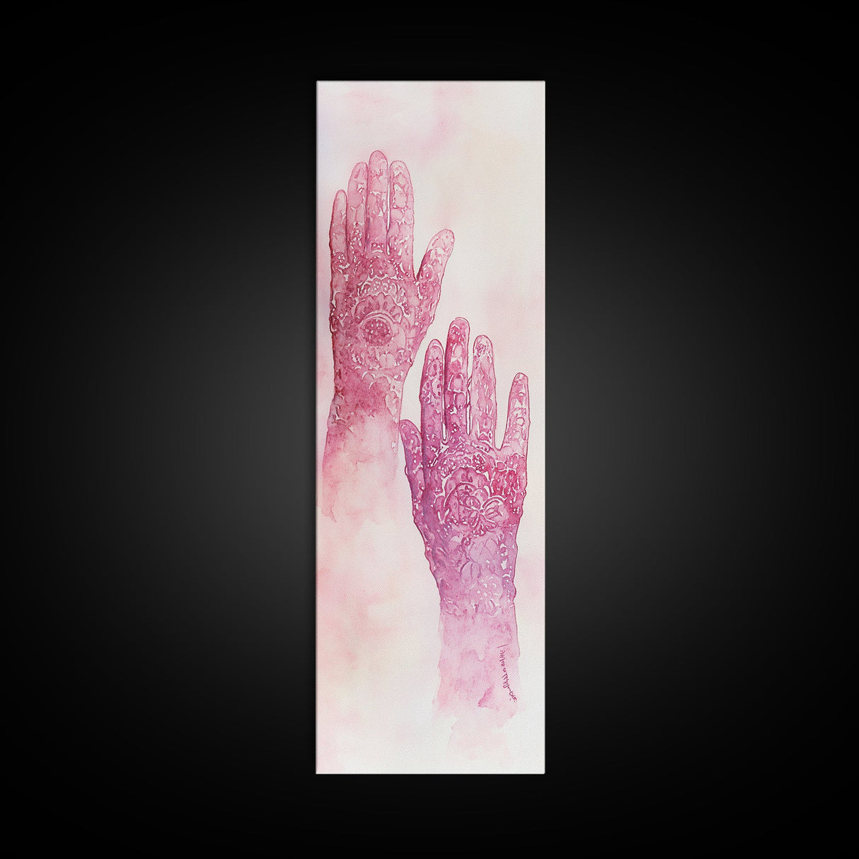 Intricate Henna Hands Painting Framed Canvas Print Featuring Unique Pink Wall Art with Subtle Geometric Design Therapy Art Theme