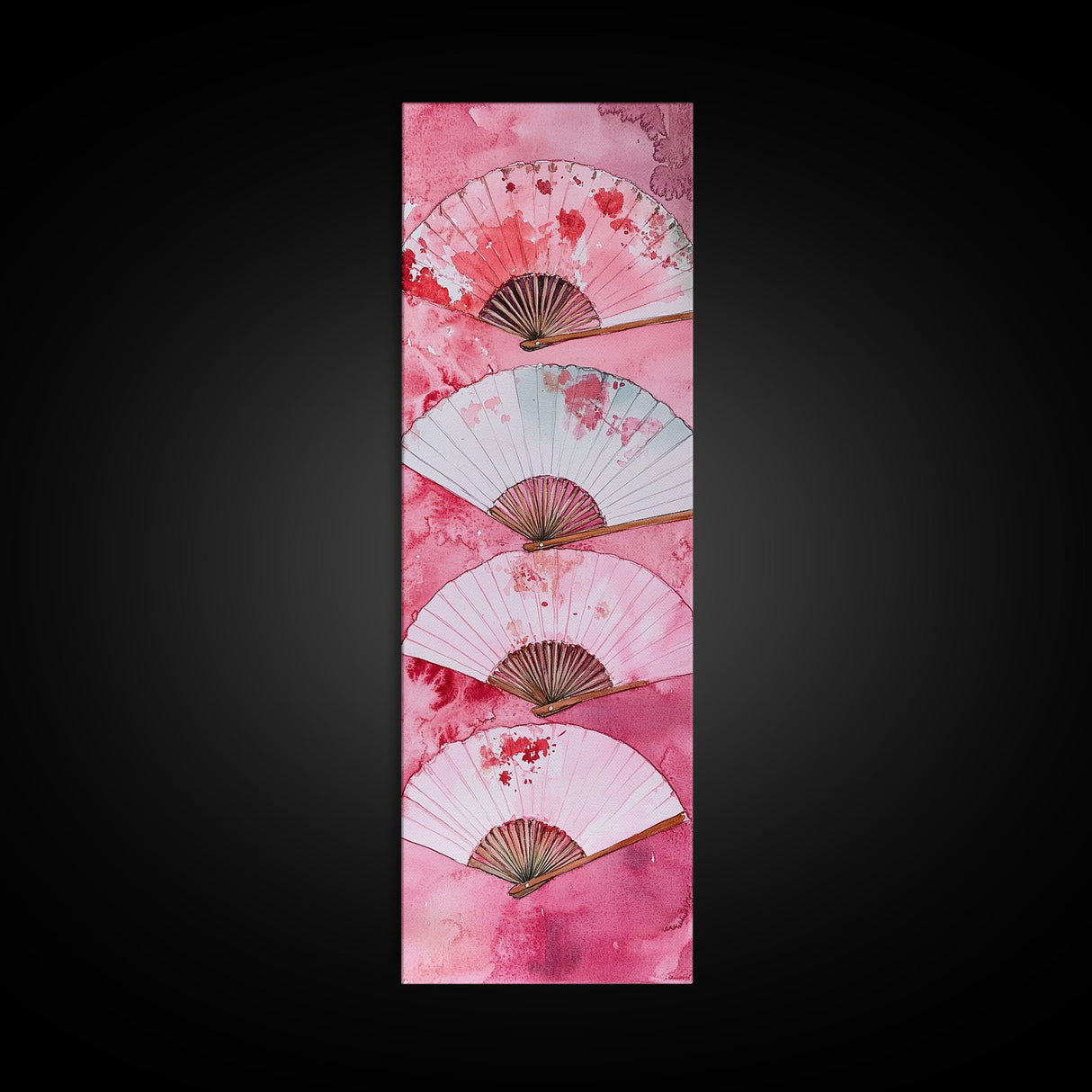 Elegant Fans Canvas Print - Chinoiserie Style Long Narrow Wall Art, Vintage-Inspired Pink Artwork, Skinny Vertical Painting