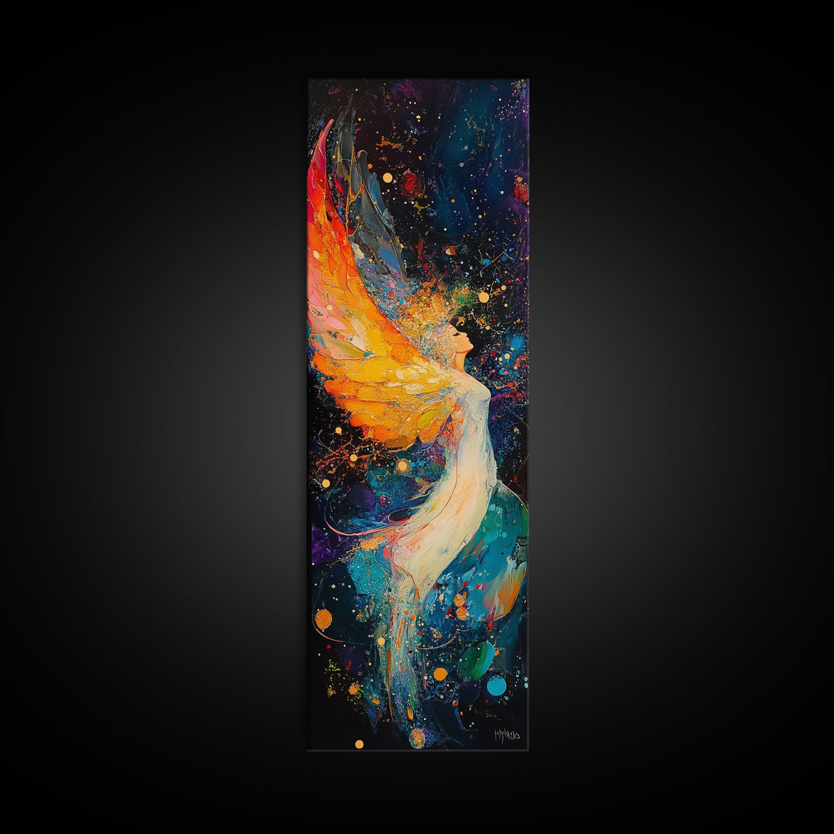 Abstract Angel Framed Canvas Print with Vibrant Colors, Phoenix Metal Art, Long Narrow Wall Art, Living Room Art, Vertical Wall Art