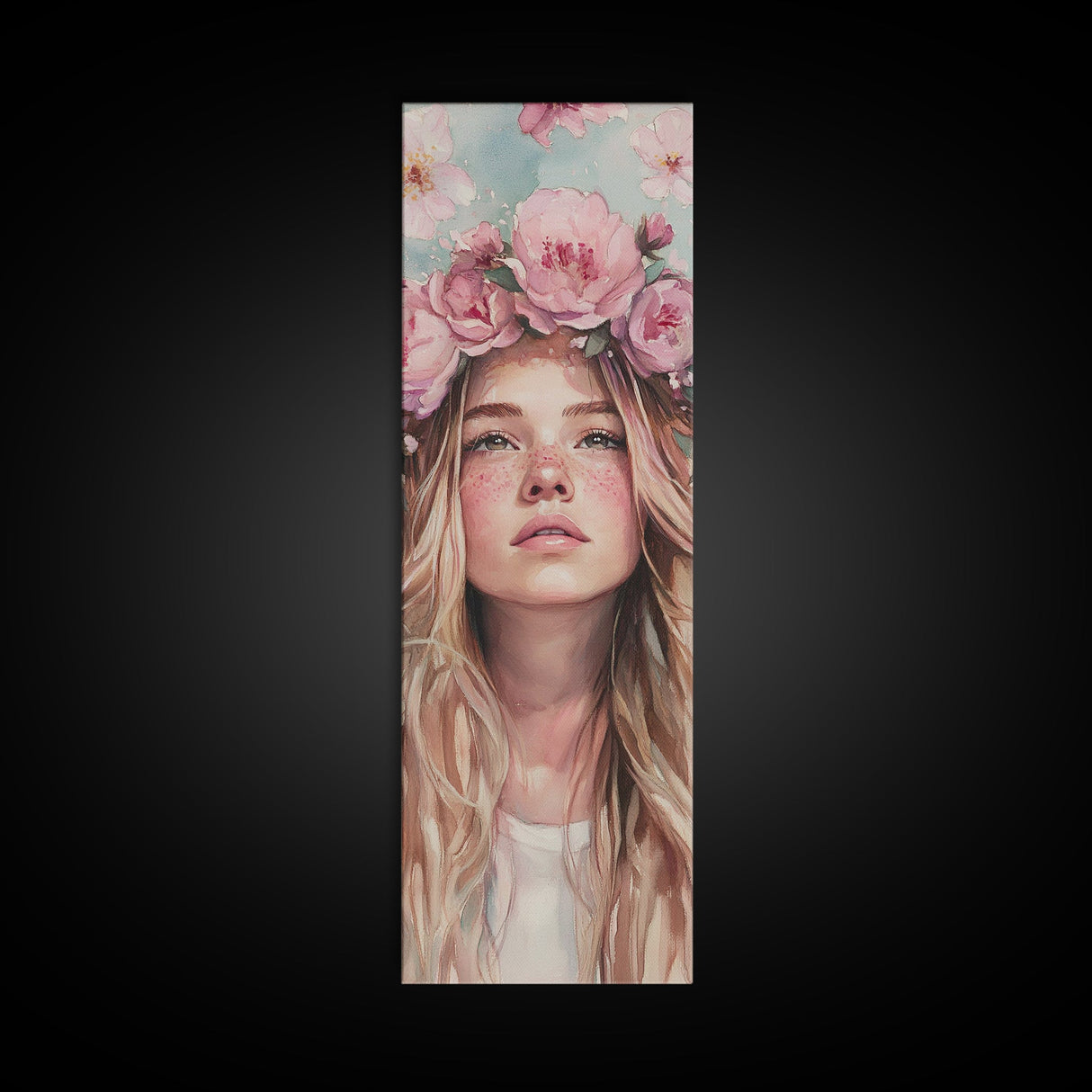 Floral Goddess Portrait Canvas Print Cherry Blossom Painting Feminine Art Bedroom Decor Light Pink Vertical Artwork Boho