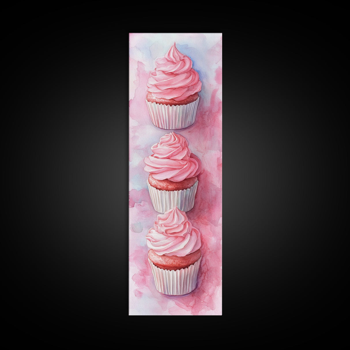 Pink Cupcake Trio Canvas Print, Whimsical Kitchen Art, Rustic Light Pink Wall Art, Food Review Vertical Artwork, Gift Idea For Her