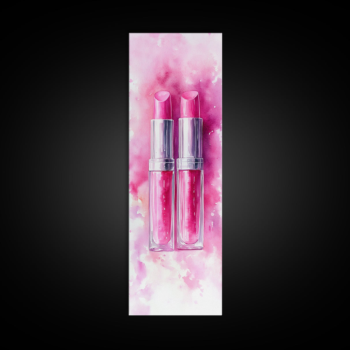 Pink Lipstick Duo Canvas Print, Whimsical Minimalist Vertical Wall Art, Light Pink Cosmetic Art, Gift Idea, Bedroom Skinny Artwork