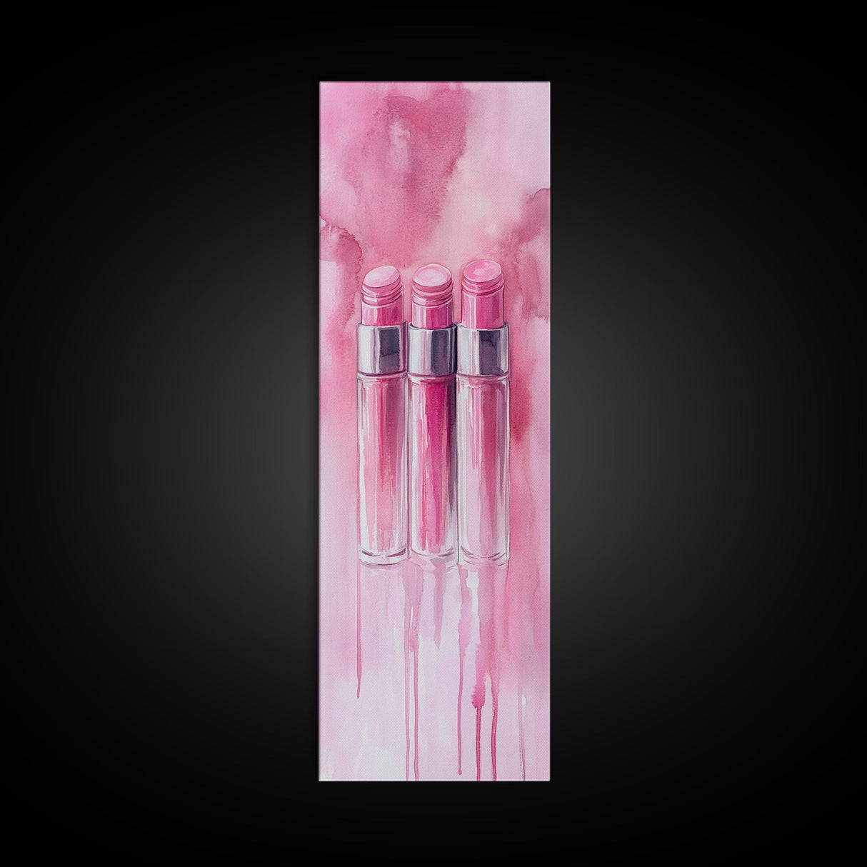 Glossy Pink Lipstick Trio Framed Canvas Print in Minimalist Vertical Wall Art for Fashion and Makeup Room Décor