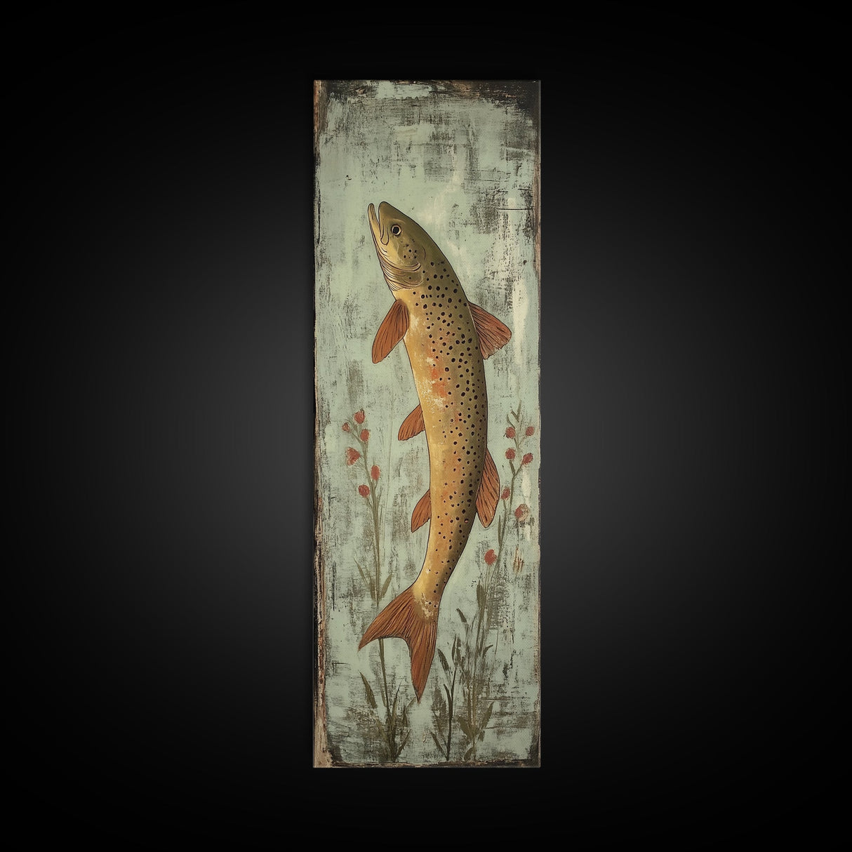 Trout Art Rustic Framed Canvas Print Skinny Vertical Art Fly Fishing Art Rustic Decor Tall Narrow Art Guest Room Wall Decor