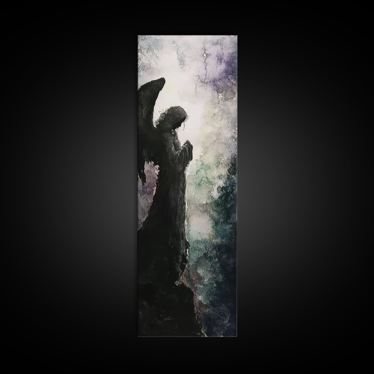 Praying Angel Silhouette Framed Canvas Print Angel Art Prints Gothic Wall Art Moody Art Vertical Living Room Spiritual Decor