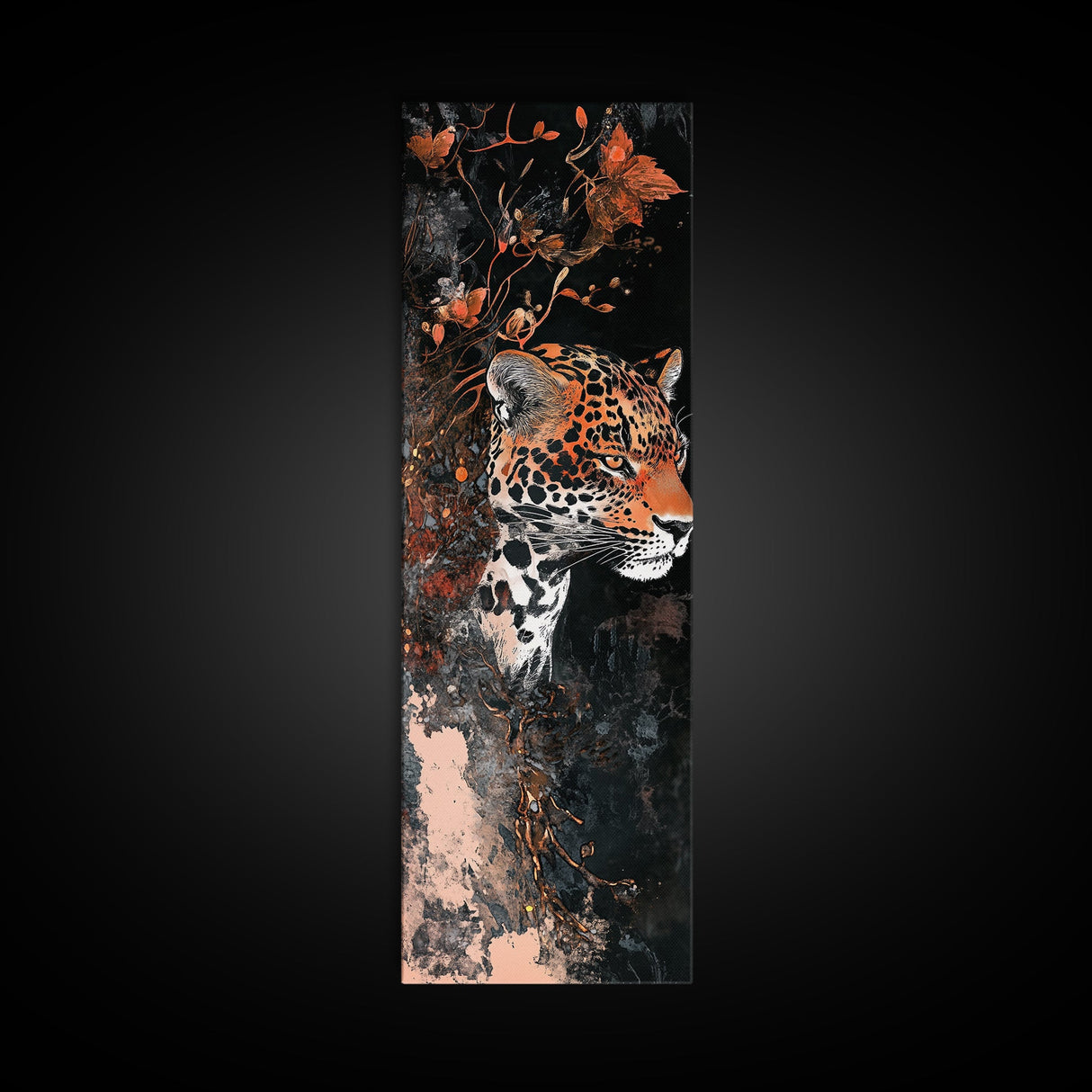 Floral and Leopard Canvas Print with Moody Art Style, Unique Animal Wall Art and Vertical Skinny Art Living Room Decor
