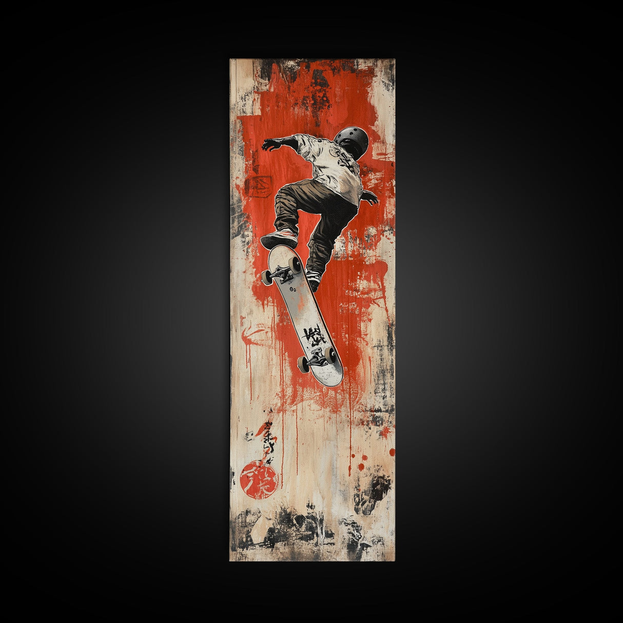 Skateboarder Canvas Print, Red and Black Urban Wall Art, Graffiti Inspired Vertical Artwork, Gift Idea for Living Room or Teen Bedroom