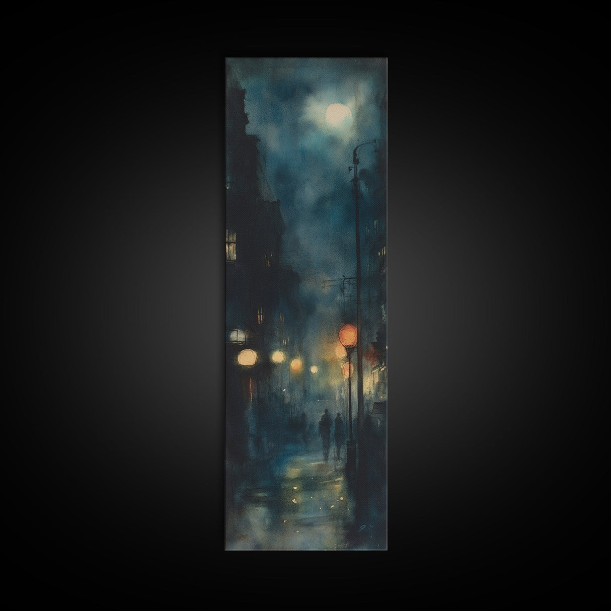 Moody Night Street Scene Framed Canvas Print | Vertical Wall Art | Moody Art | Living Room Art | Gift Idea Him | Urban Nightscape