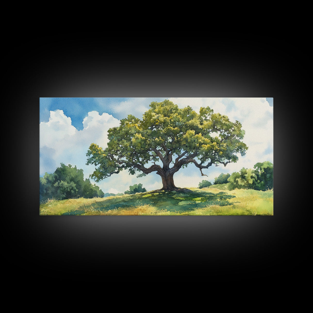 Sprawling Oak Tree Canvas Print Rustic Wall Art Panoramic Painting Nature Scene Bedroom Decor Horizontal Artwork Farmhouse Wall Art