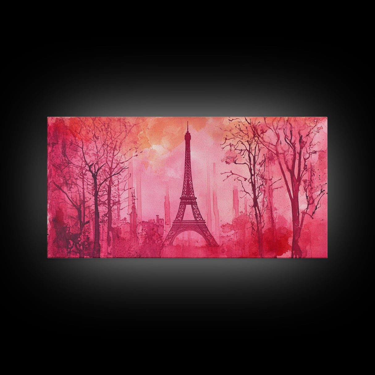 Eiffel Tower Painting Framed Canvas Print, Paris Pink Wall Art Romantic Decor, Horizontal Wall Art Living Room Rustic Gift Idea
