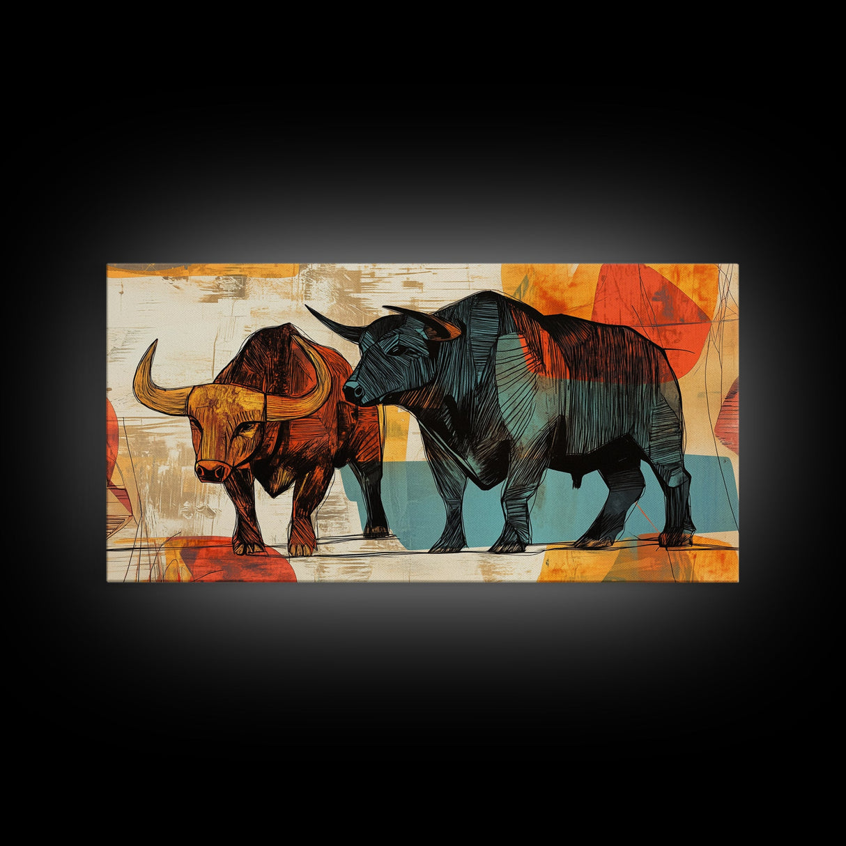 Abstract Bull Duo Framed Canvas Print Rustic Wall Art Geometric Bull Art Living Room Decor Bull and Bear Art Rustic Farmhouse Art