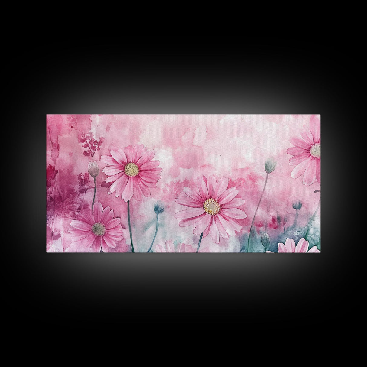 Wildflower Painting Canvas Print, Vibrant Daisy Wall Art with Light Pink Abstract Background, Whimsical Art for Bedroom Decor