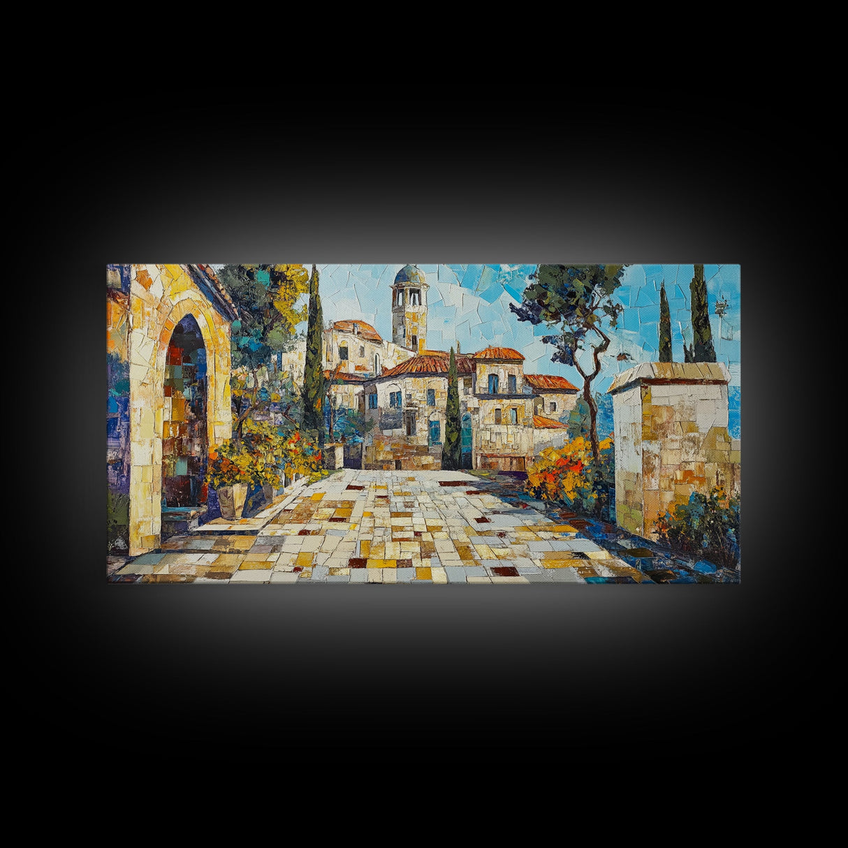 Mediterranean Village Mosaic Framed Canvas Print - Vibrant Coastal Landscape Art - Nautical Decor Living Room Rustic Wall Art