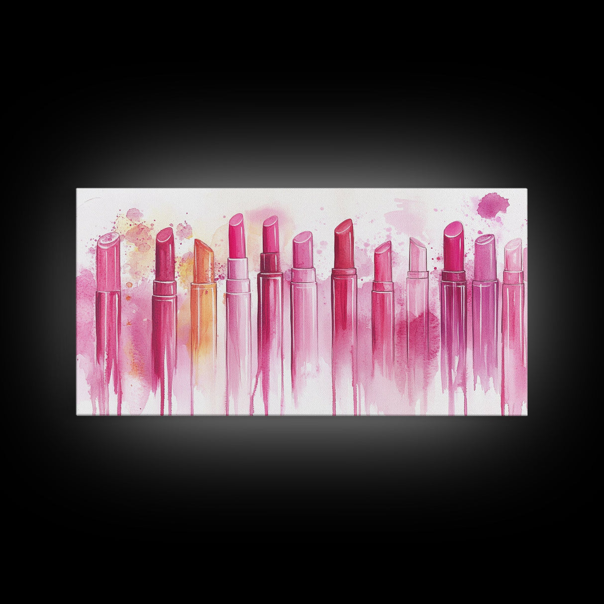 Assorted Lipstick Shades Illustration in Light Pink Wall Art on Canvas Print, Makeup Lover's Room or Vanity Decor Idea