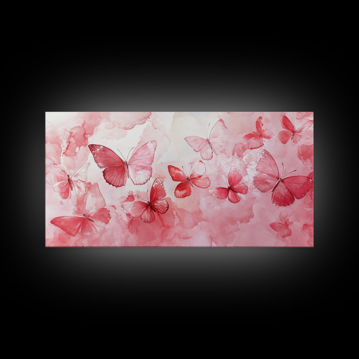 Pink Butterfly Collection Illustration in Whimsical Wall Art Style on Framed Canvas Print, Feminine Bedroom or Living Room Decor