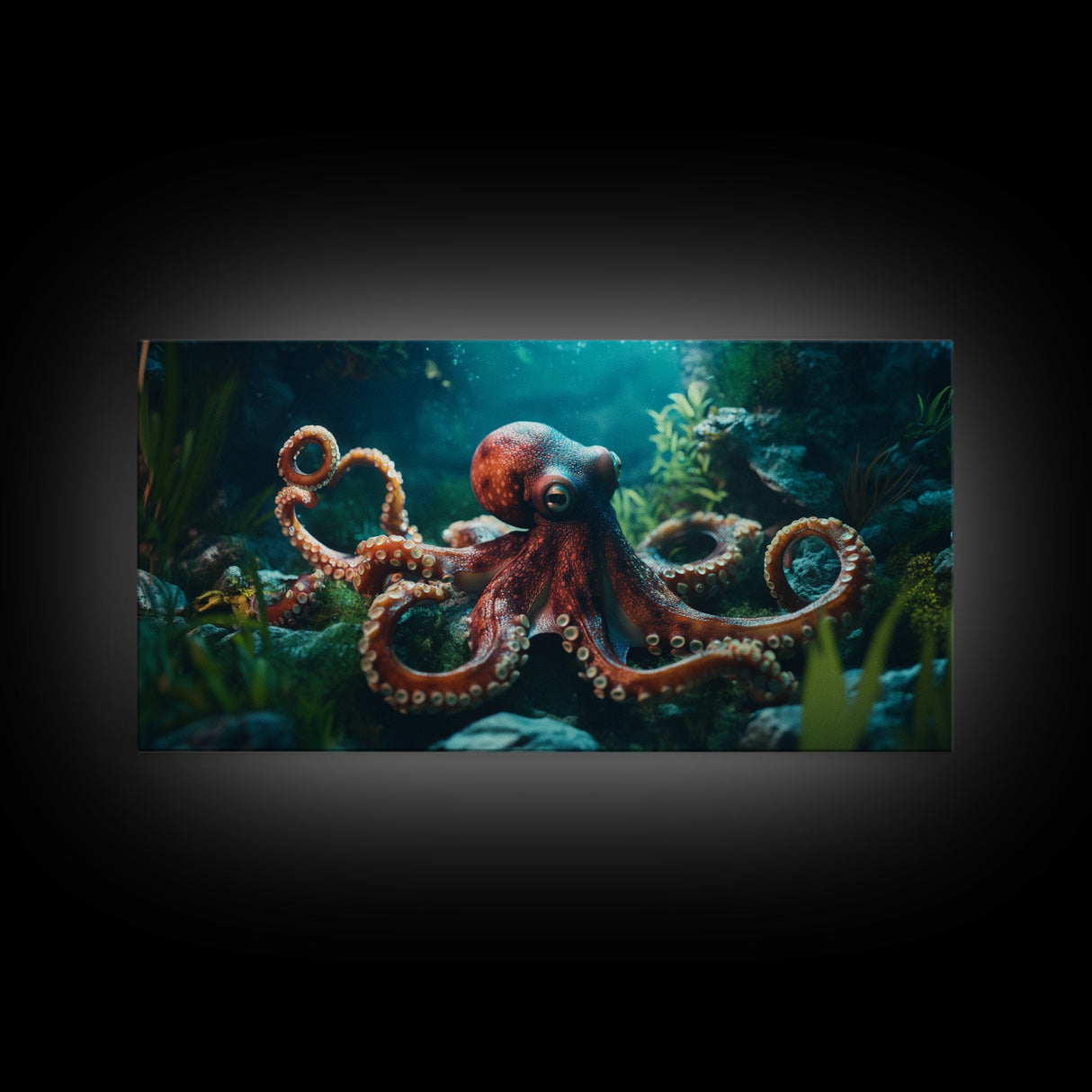 Majestic Octopus Framed Canvas Print, Coastal Decor Wall Art, Marine Wildlife Painting, Ocean Life Nautical Theme, Rustic Home Art