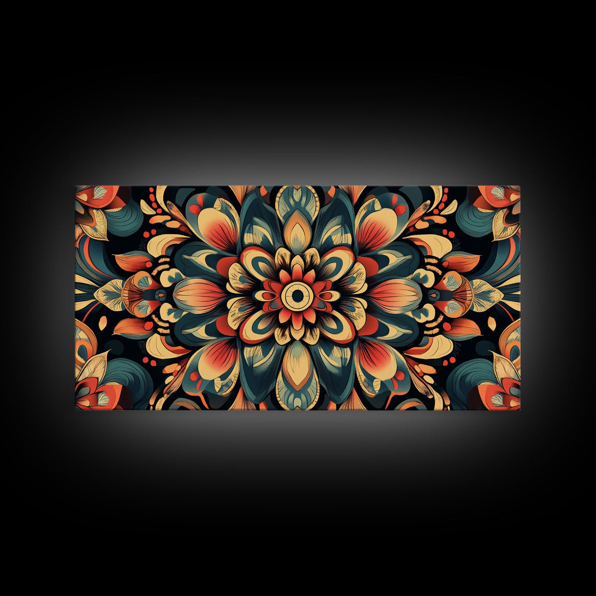 Kaleidoscopic Mandala Design Framed Canvas Print, Boho Wall Art, Sacred Geometry Painting, Colorful Ethereal Decor, Spiritual Zen Art