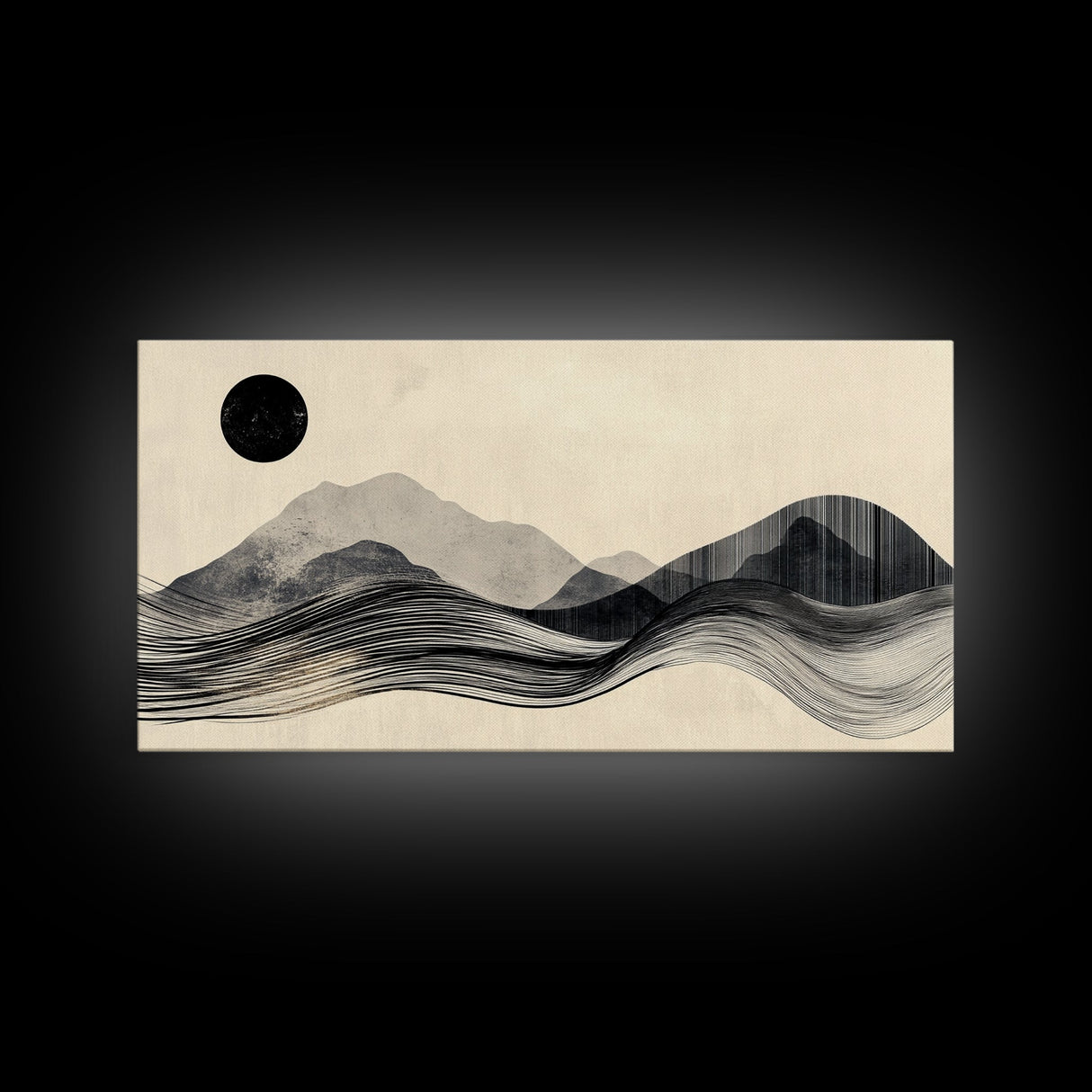 Abstract Mountain Landscape Framed Canvas Print, Wabi Sabi Wall Art Minimalist Decor, Rustic Line Art Idea Bedroom Artwork Vertical Design