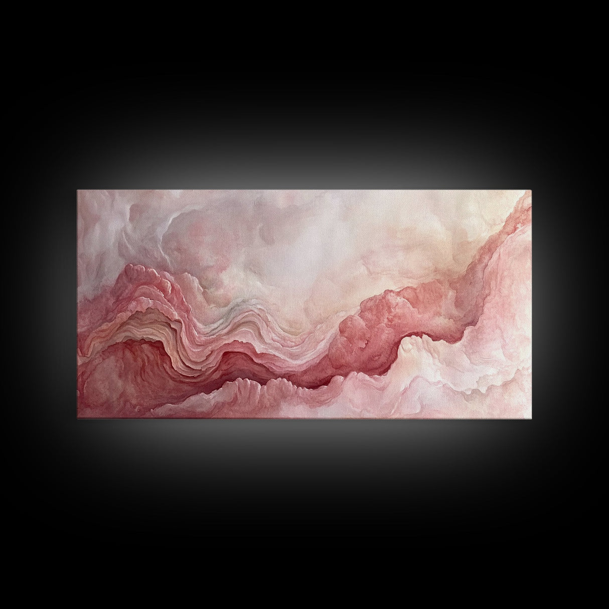 Pink Geode Framed Canvas Print, Light Pink Wall Art Above Bed Decor, Moody Abstract Artwork Gift Idea Minimalist Panoramic Painting