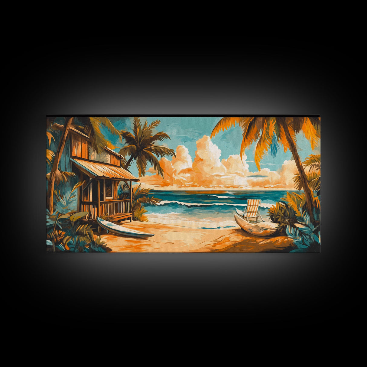 Sunset Surf Shack Canvas Print Nautical Wall Art Coastal Painting Rustic Decor Tropical Landscape Art Extra Wide Art Bedroom Art