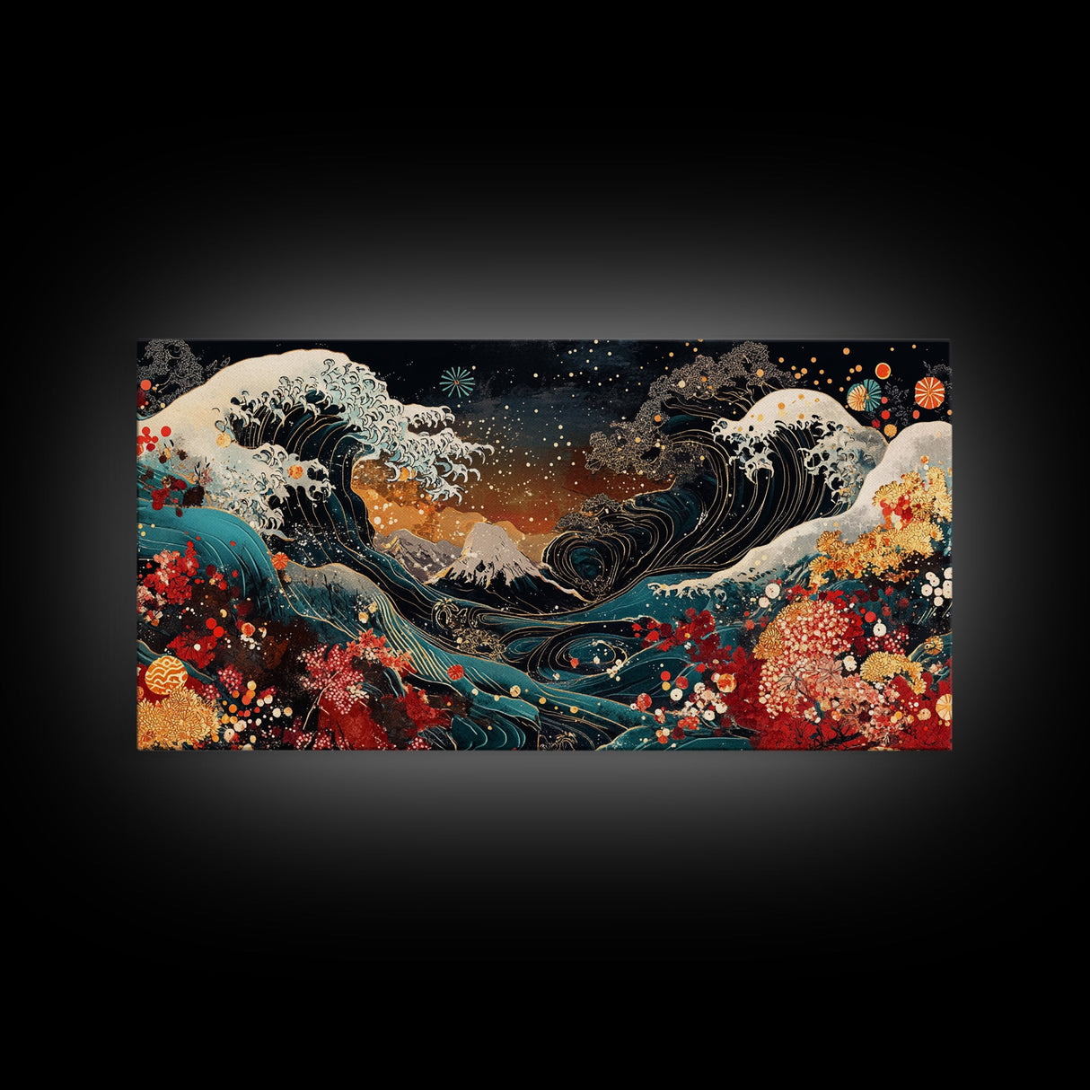 Ocean Waves Framed Canvas Print, Japanese Inspired Coastal Wall Art, Nautical Decor, Coastal Landscape Art, Extra Wide Panoramic Art